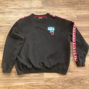 DRUNKNMUNKY Pullover Sweatshirt Mens 2XL Black Crew Hello Name Tag Y2K Thumbhole